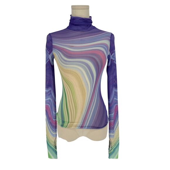 AFRM Zadie Mesh Turtleneck Long Sleeve Top XS Abstract Wave NWT AS IS - Picture 1 of 4